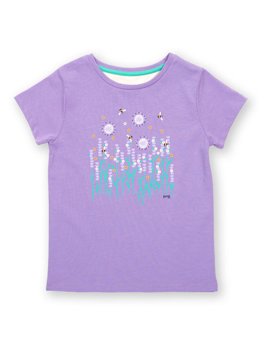 Polera Amor Lavanda de algodón orgánico, color lavanda con estampado de lavanda y abejas.