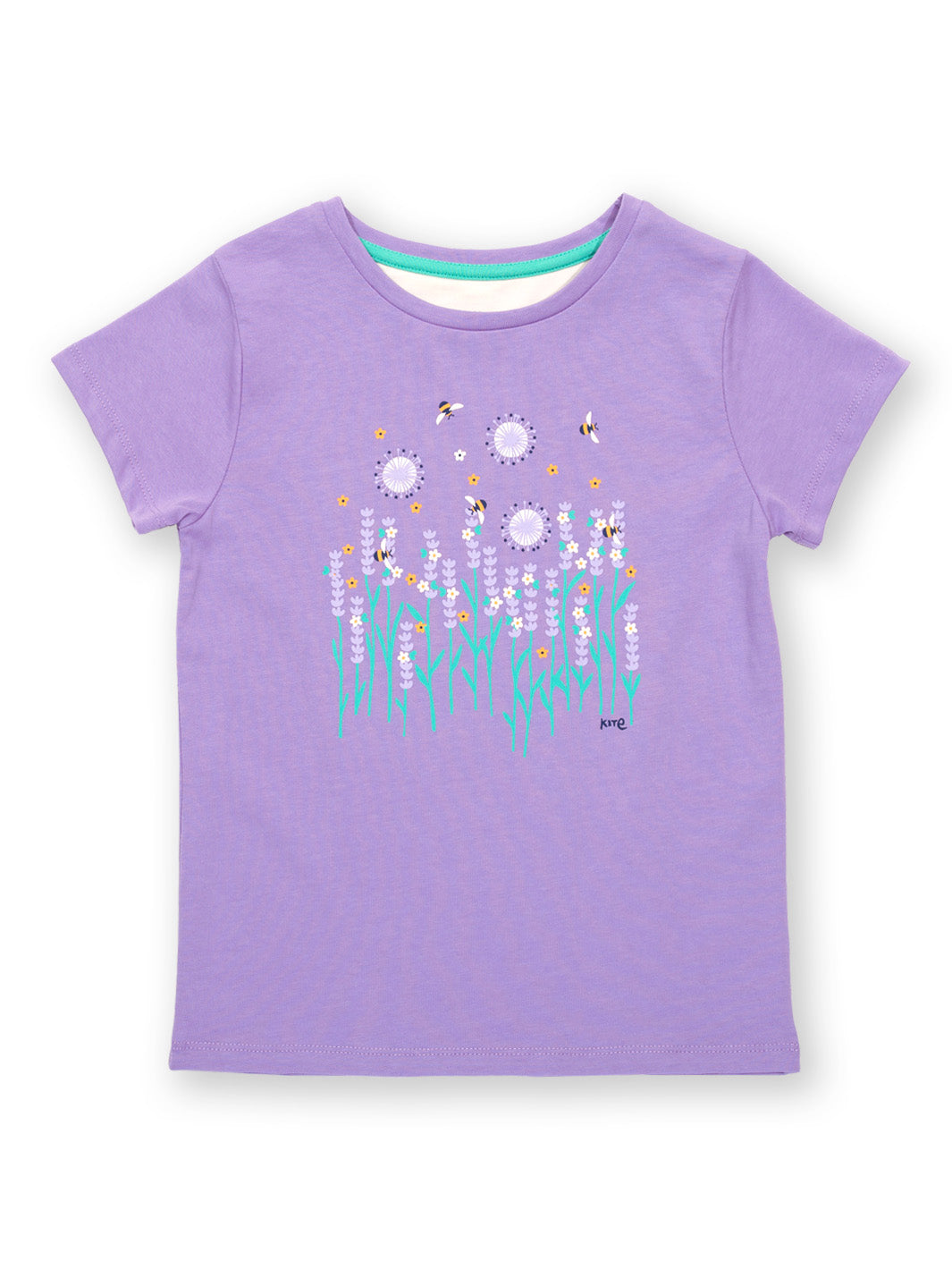 Polera Amor Lavanda de algodón orgánico, color lavanda con estampado de lavanda y abejas.