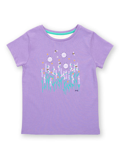 Polera Amor Lavanda de algodón orgánico, color lavanda con estampado de lavanda y abejas.