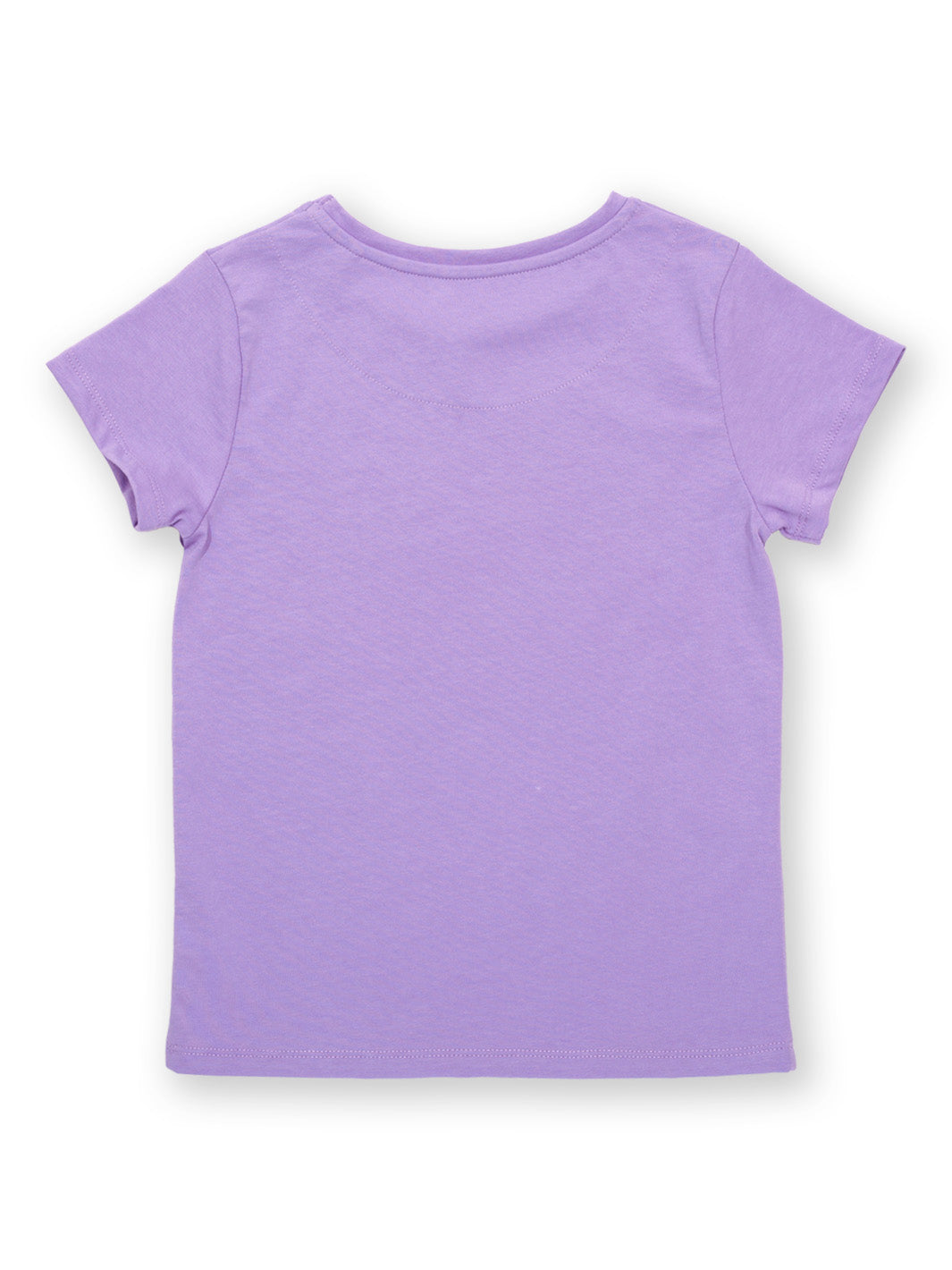 Vista trasera de la Polera Amor Lavanda de algodón orgánico, diseño cómodo y versátil para niñas.