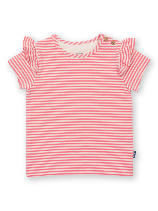 Polera con Alitas de algodón orgánico, rayas en rosa y crema con volantes en las mangas.
