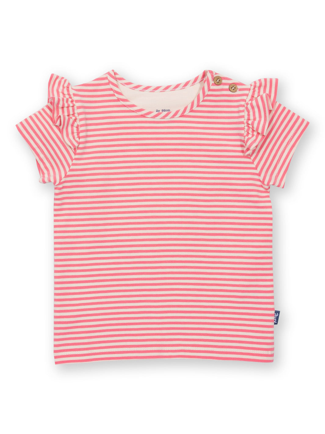 Polera con Alitas de algodón orgánico, rayas en rosa y crema con volantes en las mangas.
