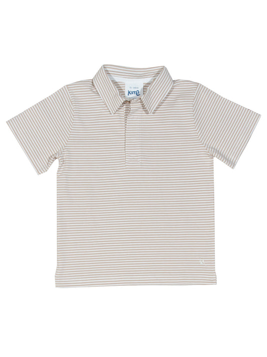 Polera Cuello Polo de algodón orgánico, rayas beige y crema con cuello de dos piezas y botón de coco.