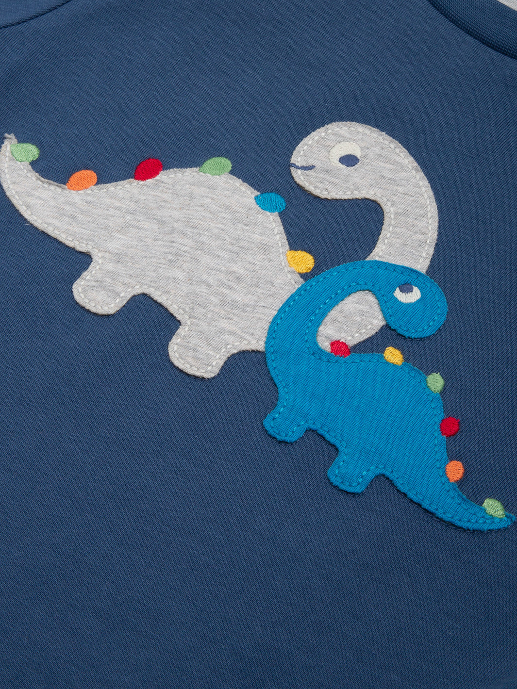 Detalle del apliqué de dinosaurio con espinas de arcoíris en la Polera Dino Amigos de algodón orgánico.