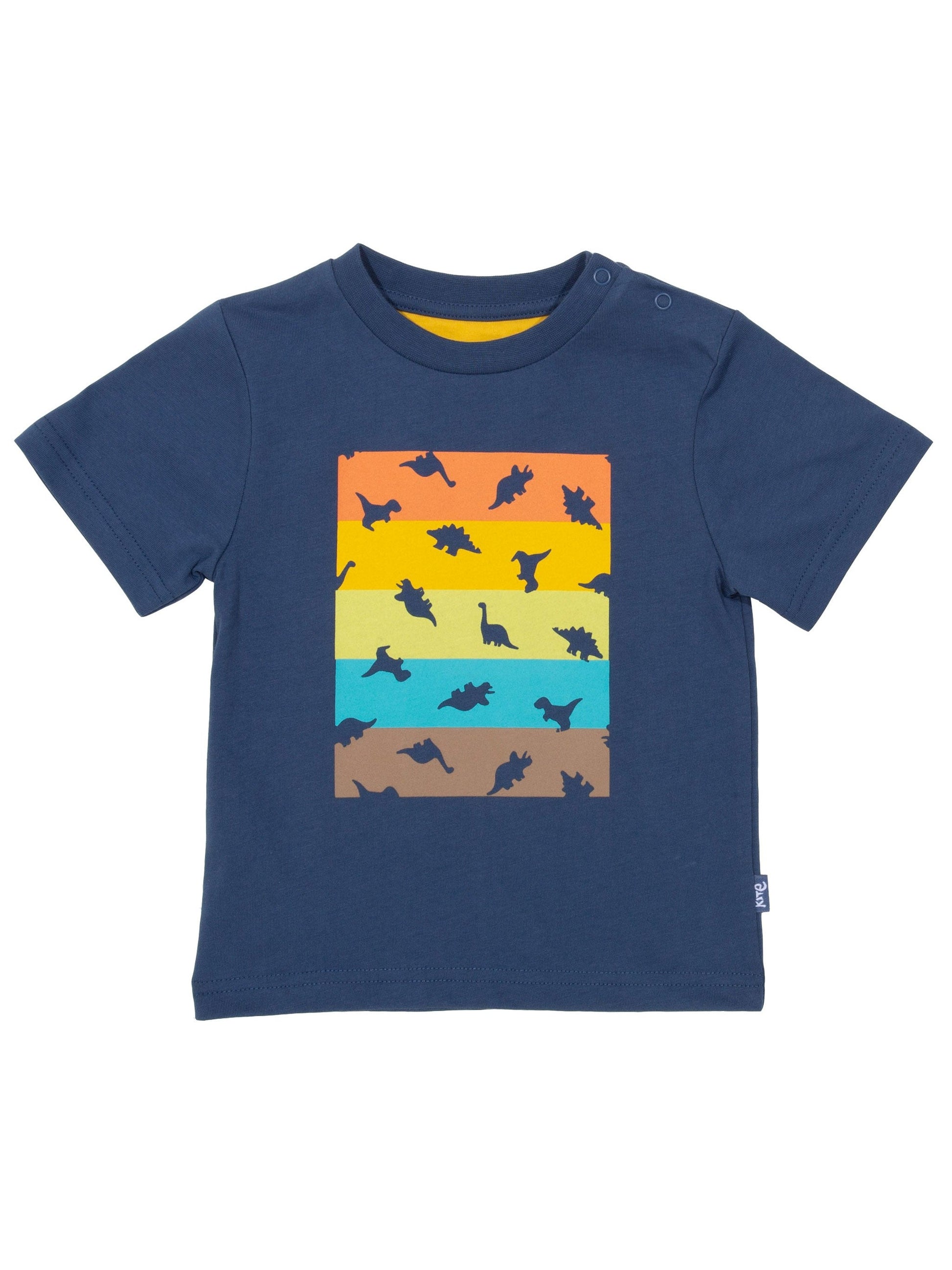 Polera Dino Dot de algodón orgánico, azul marino con estampado de dinosaurios y manga corta.