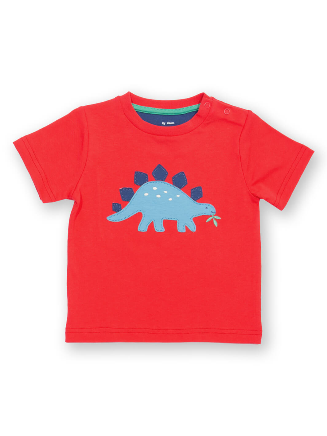 Polera roja de algodón orgánico para niño con aplique de dinosaurio azul Stegosaurus, vista frontal.