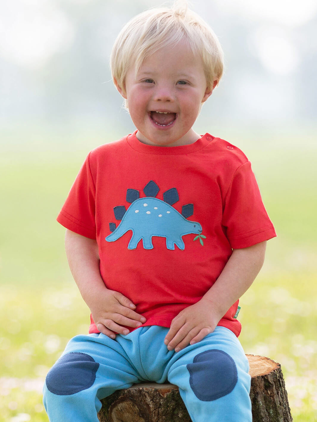 Niño usando polera roja con aplique de dinosaurio azul, combinada con pantalón celeste.