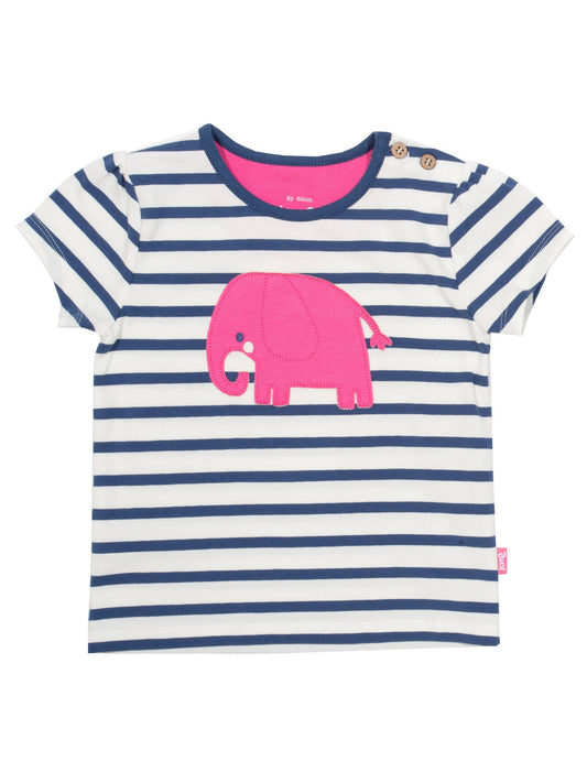 Polera Ele Dot de algodón orgánico, en azul marino y blanco crema con apliqué de elefante rosa.