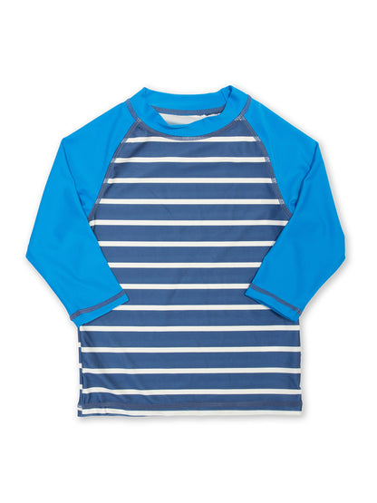 Vista frontal de la Polera UV Marinero con protección solar UPF 50+ y diseño de rayas náuticas en azul y blanco.