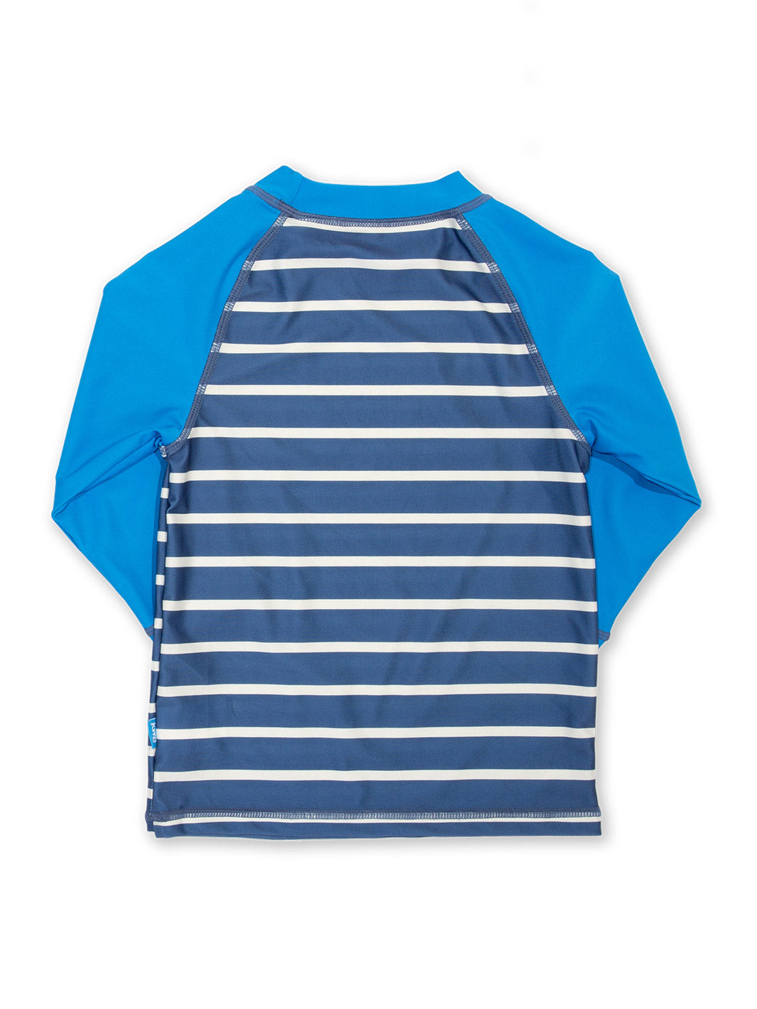 Vista trasera de la Polera UV Marinero con mangas 3/4 y cuello alto para mayor cobertura solar.