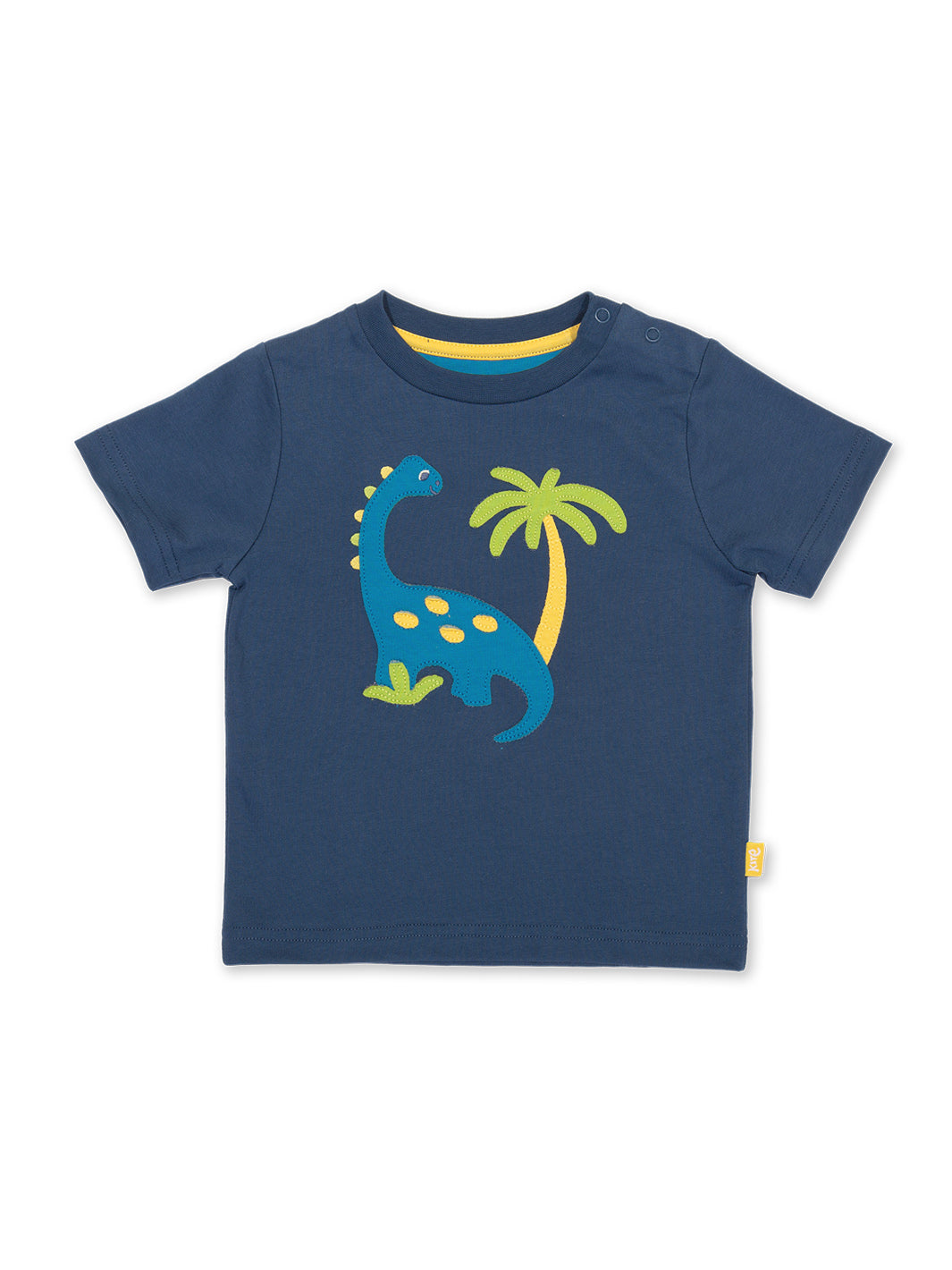 Polera Tierra de Dinosaurios de algodón orgánico, azul marino con aplique de dinosaurio y manga corta.