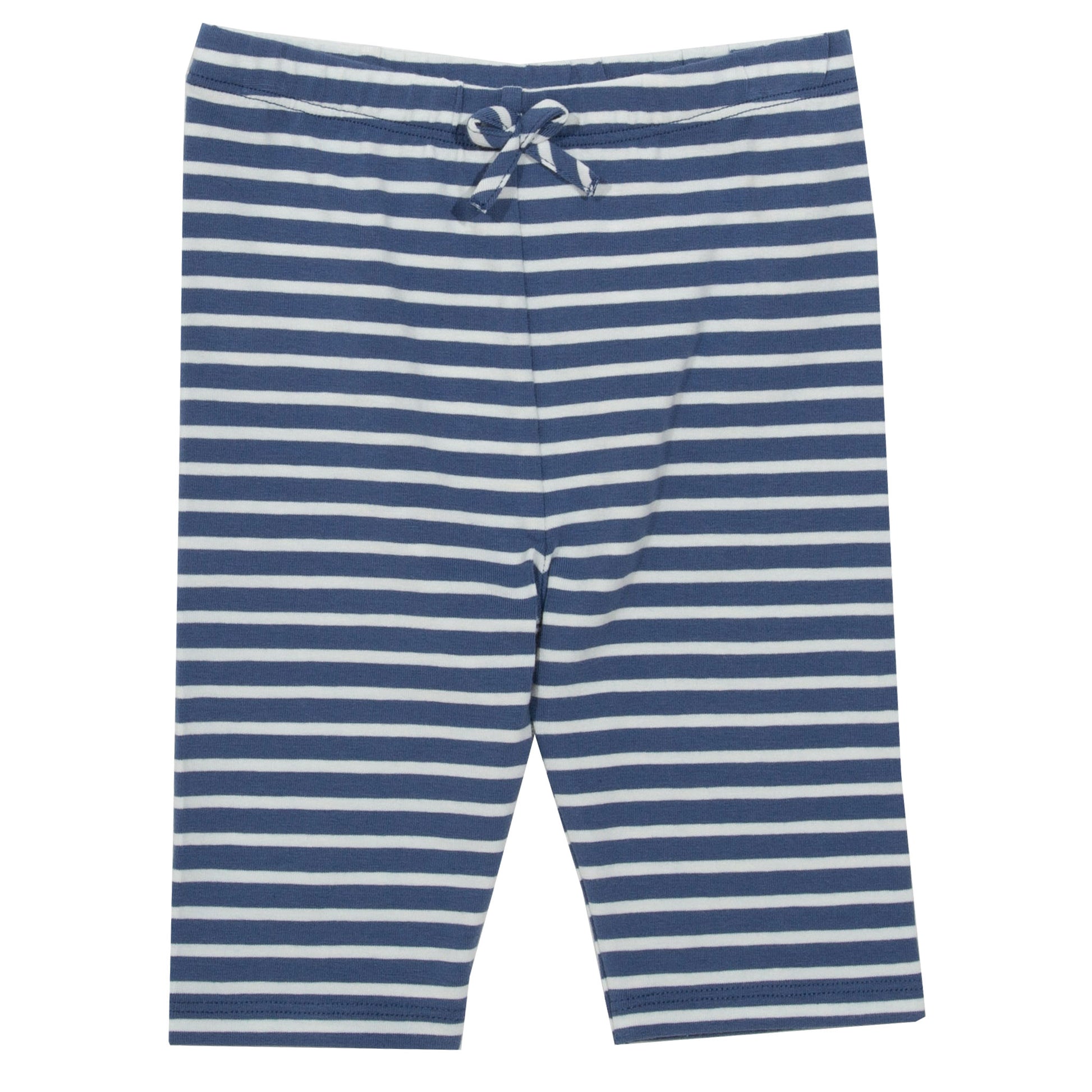 Calzas 3/4 de algodón orgánico con rayas azul y blanco estilo marinero, diseño fresco y cómodo.