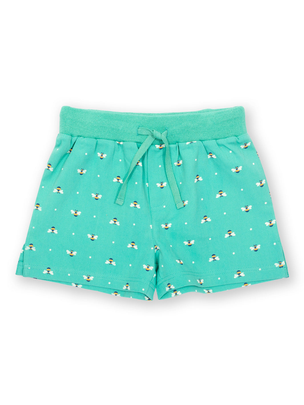 Short de algodón orgánico color verde menta con estampado de abejas reinas, cintura elástica y lazos ajustables. Diseño cómodo y fresco para niñas.