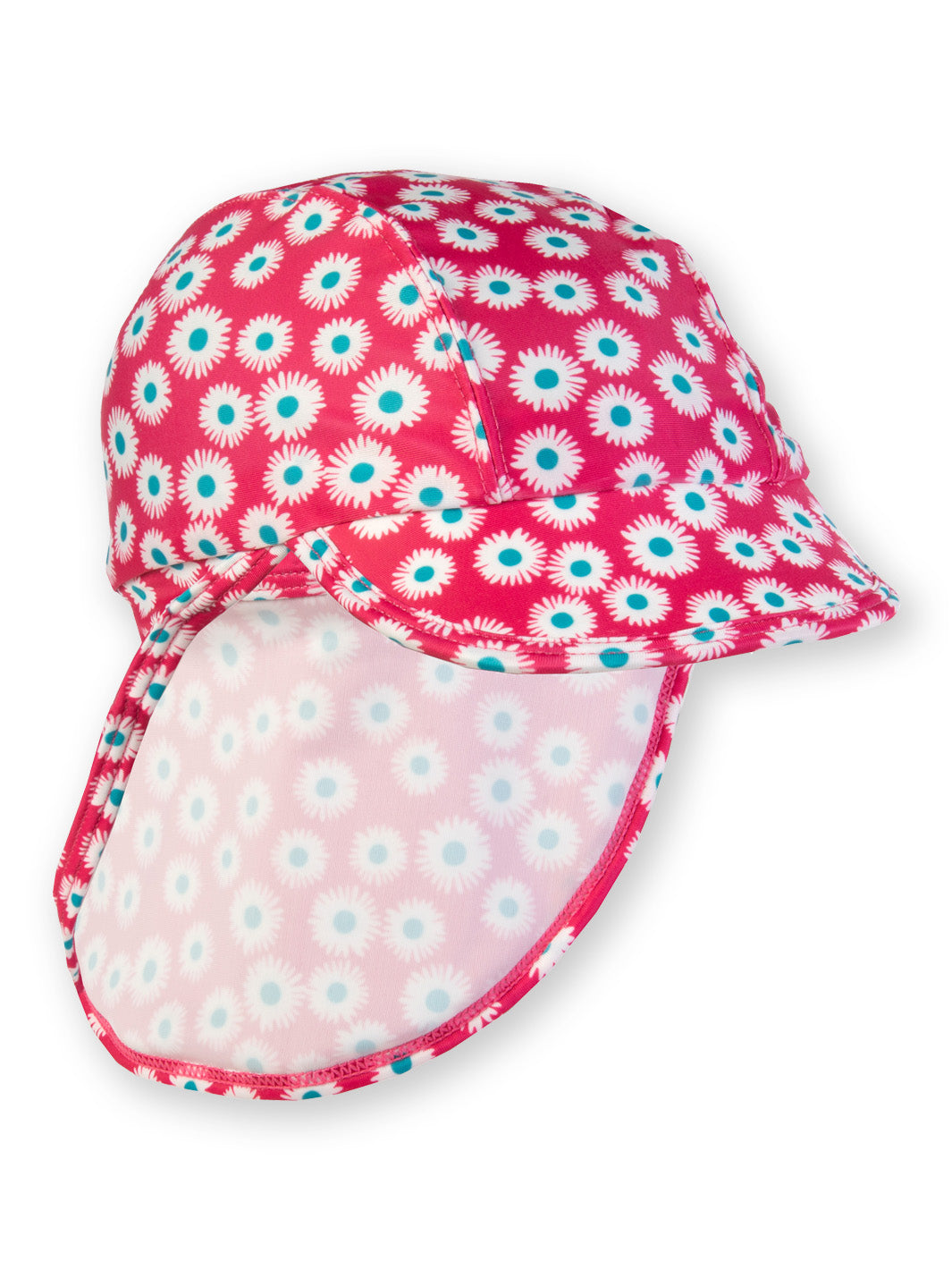 Sombrero de protección solar UPF 50+ para niñas, diseño legionario con cobertura extendida en el cuello, estampado floral en tela reciclada certificada OEKO-TEX.