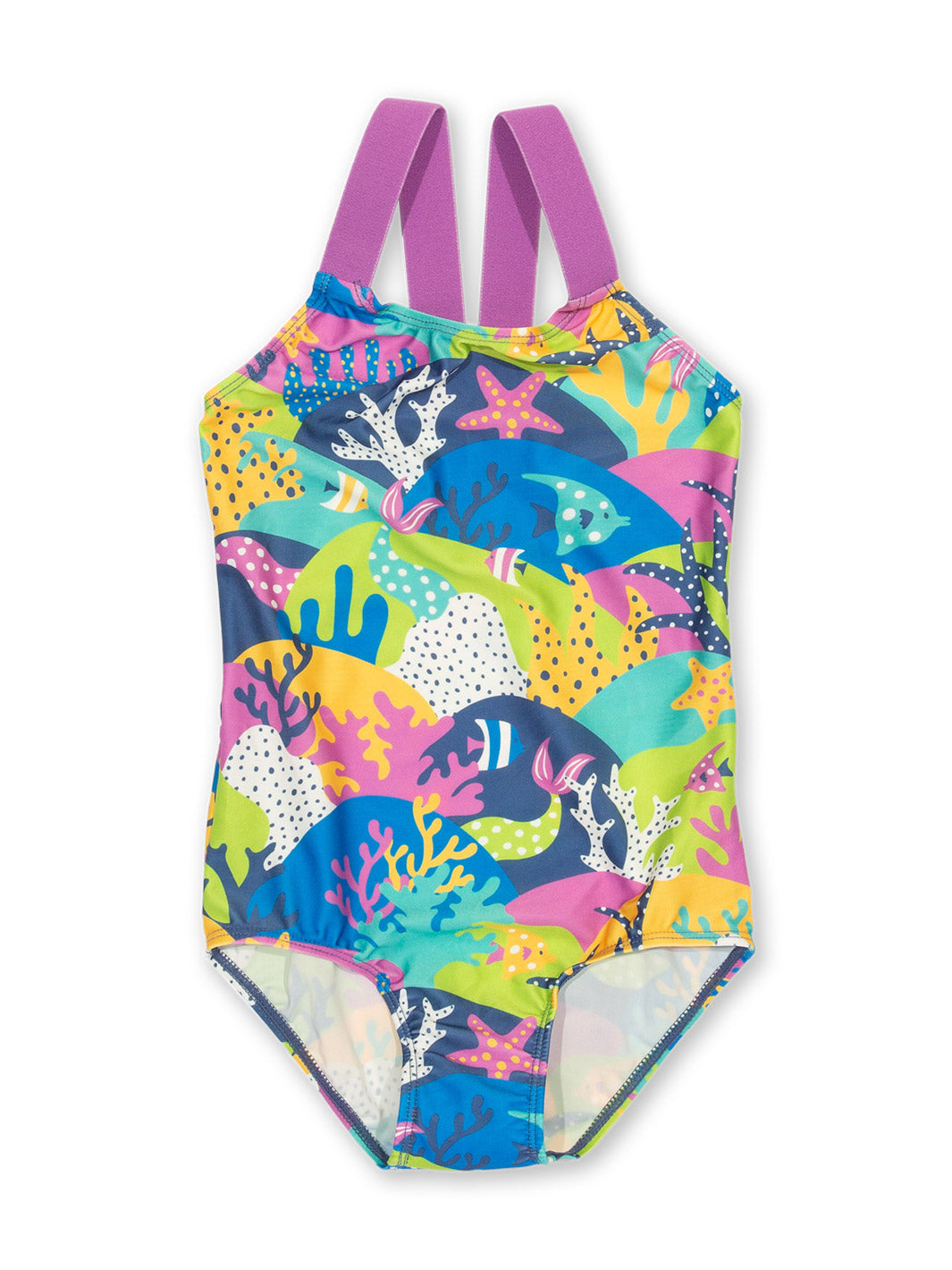Traje de baño arrecifes con estampado de coral y protección UPF 50+, tirantes cruzados en violeta.
