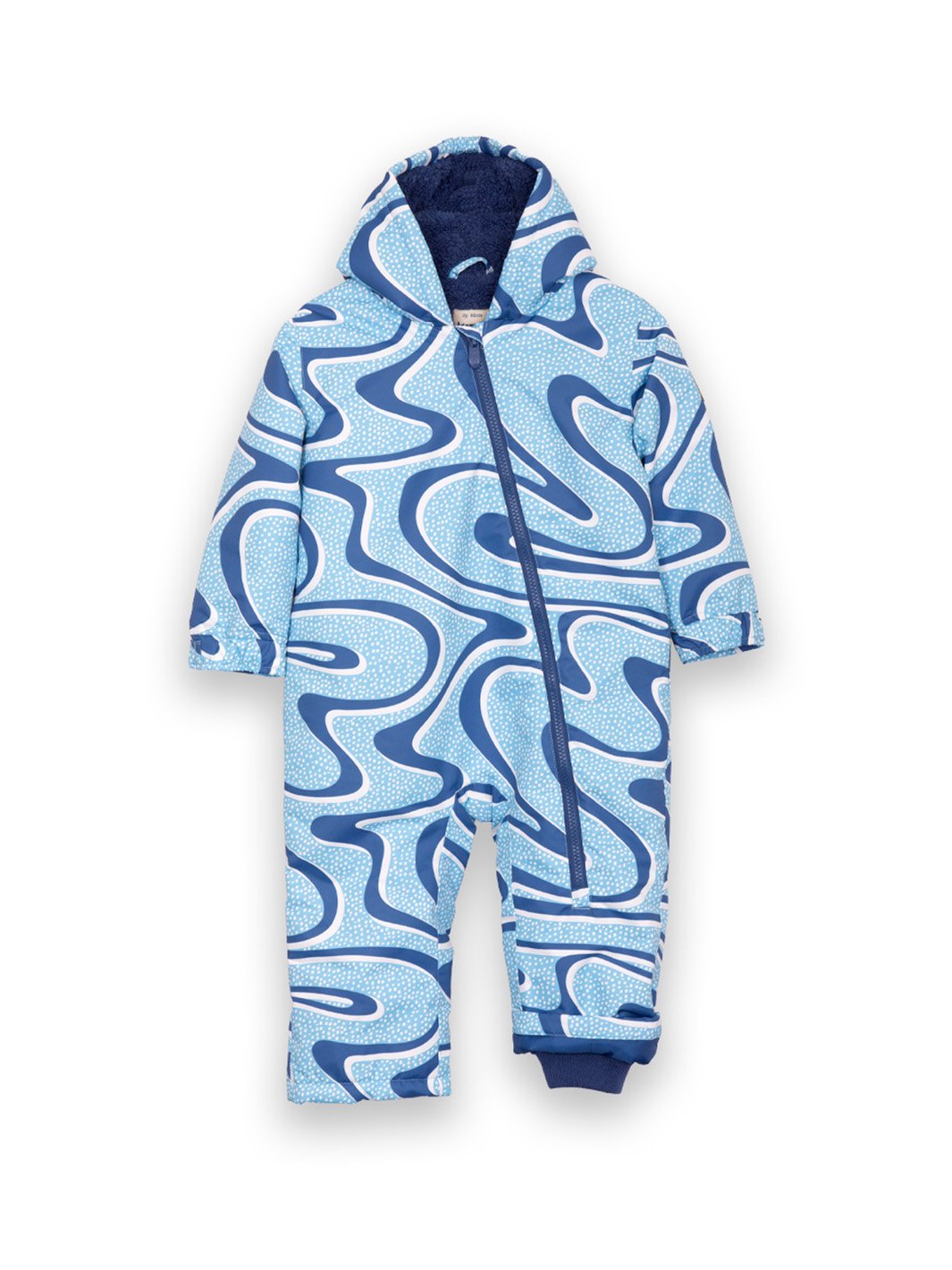 Traje de nieve impermeable azul iceberg con estampado Snow Run, capucha forrada en polar, pies desmontables y cierre con protector, ideal para actividades invernales.