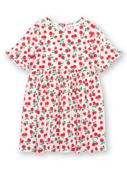Vestido infantil de algodón orgánico con estampado de frambuesas, vista frontal completo.