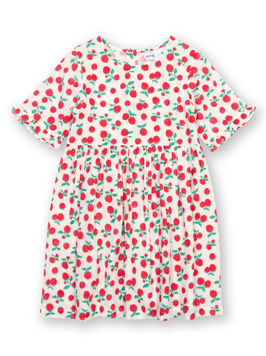 Vestido infantil de algodón orgánico con estampado de frambuesas, vista frontal completo.