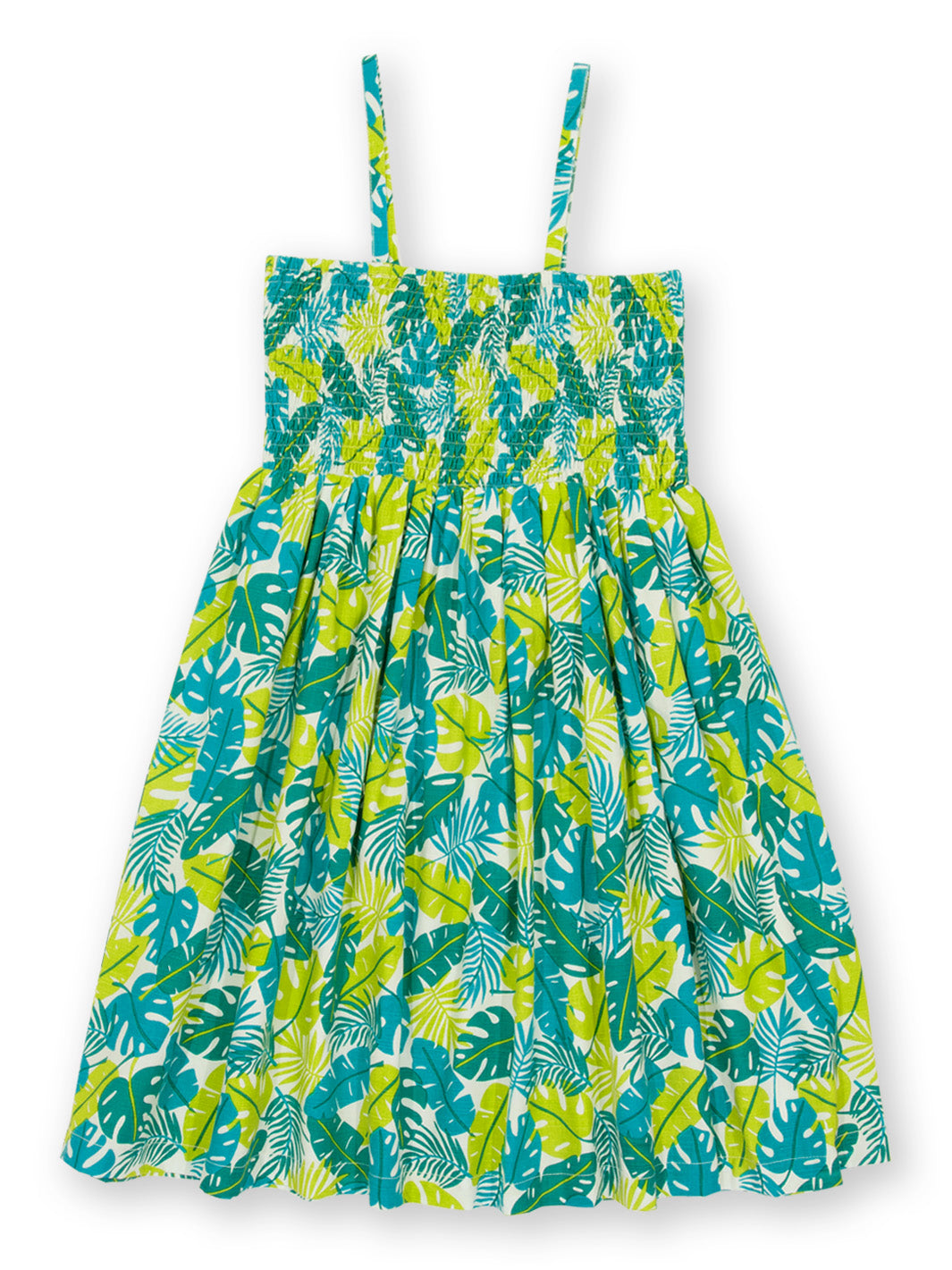 Vista frontal del Vestido Jungla de algodón orgánico con estampado de la jungla, tirantes elegantes y fruncido elástico en el pecho.