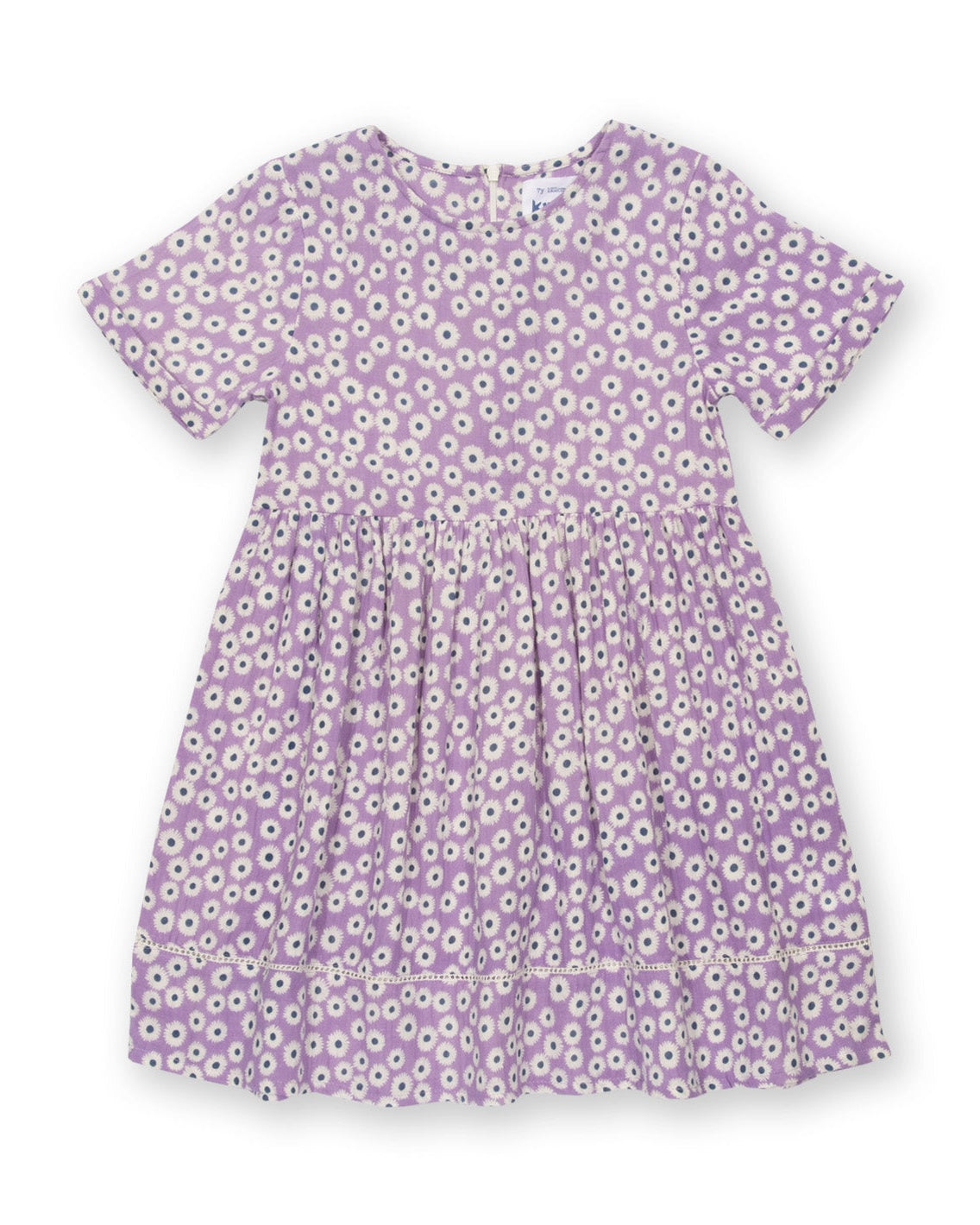 Vestido Lavanda de algodón orgánico, con estampado Daisy Bell y encaje deshilado en el dobladillo.