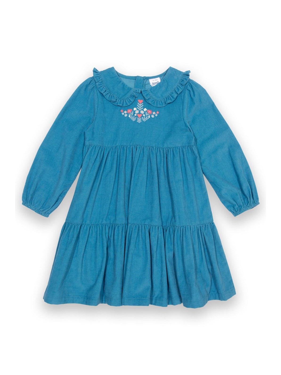 Vestido de manga larga azul francés en algodón orgánico con falda de volantes, cuello muñeca con volante y bordado de flores en el pecho.