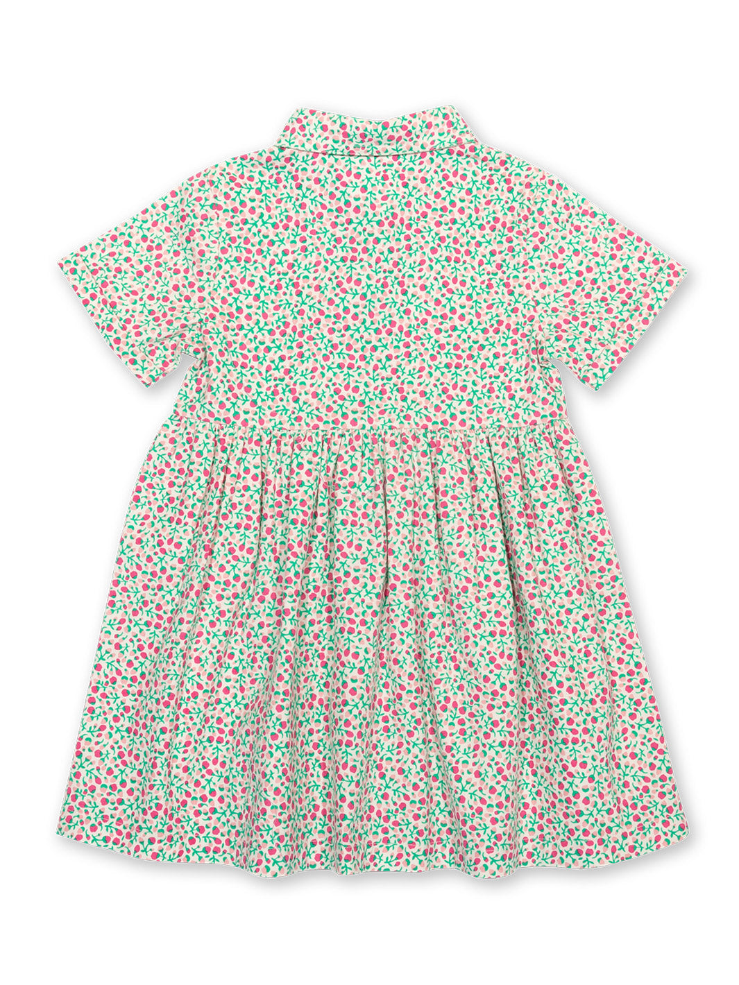 Vista trasera del Vestido Pequeño Brote de algodón orgánico, con cuello clásico y mangas con vuelta.