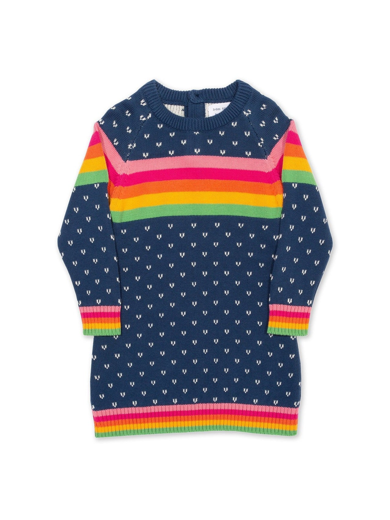 Vestido tejido azul marino en algodón orgánico con diseño de corazones y rayas de arcoíris en el escote, mangas largas y puños acanalados.