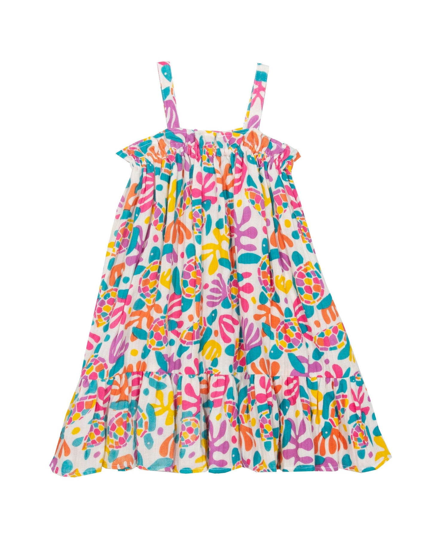 Vestido de algodón orgánico con estampado de tortugas marinas en colores veraniegos, con falda amplia y volantes, ideal para días calurosos.